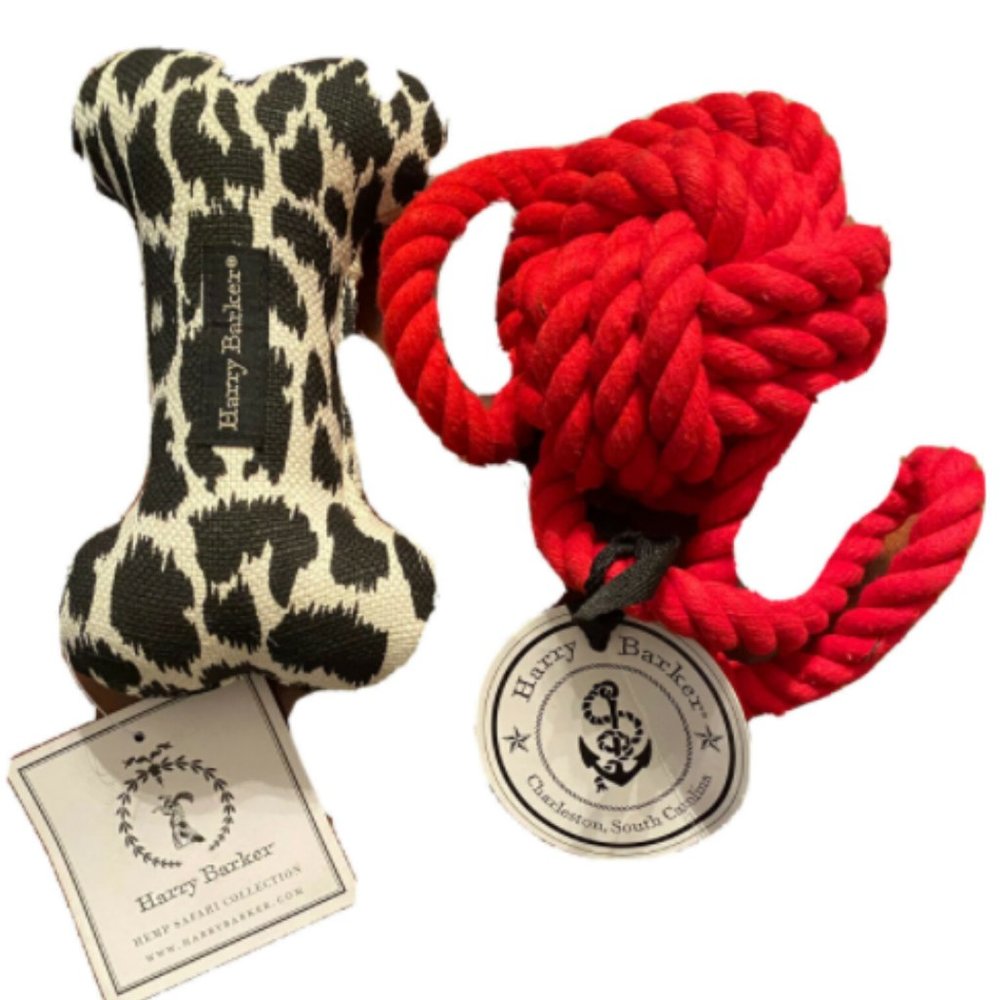 2 Harry Barker Dog Toys Cotton Rope and Hemp Safari Bone Squeaky Toy